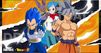 Fortnite and Dragon Ball crossover graphic featuring Bulma, Vegeta, Son Goku, and Beerus