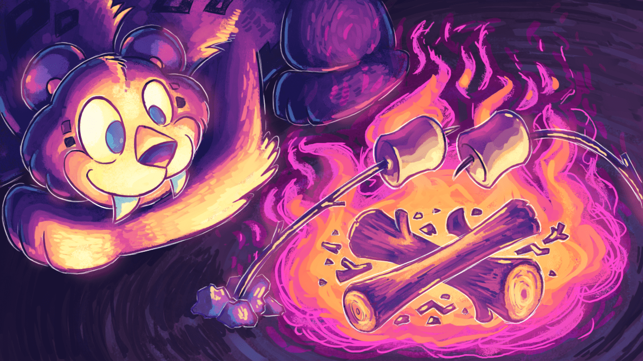 Flame Fatales mascot saber tooth tiger roasting marshmallows on a campfire