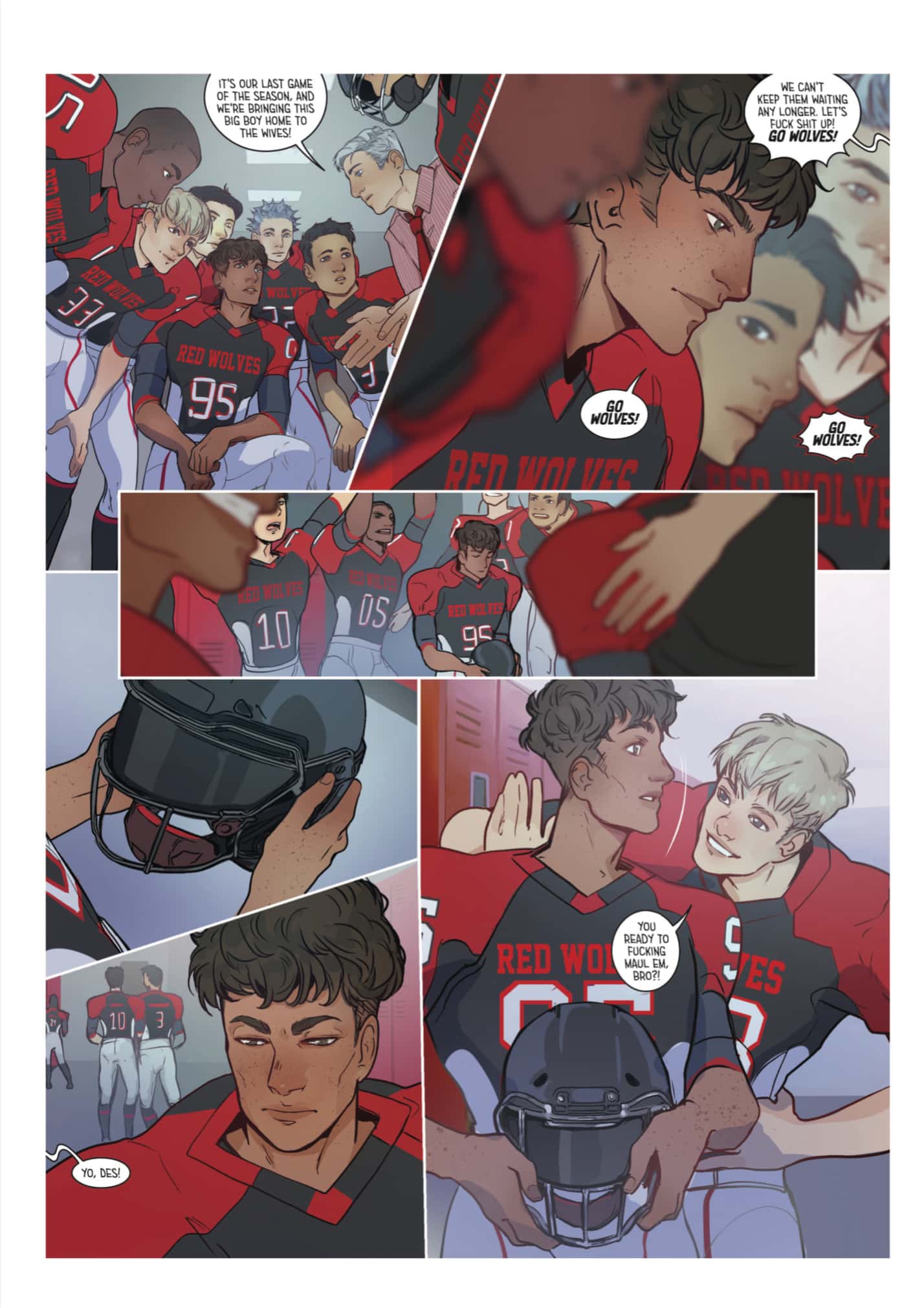 Screenshot of Judas Complex panel where Desmond and the Red Wolves are meeting before their big game 