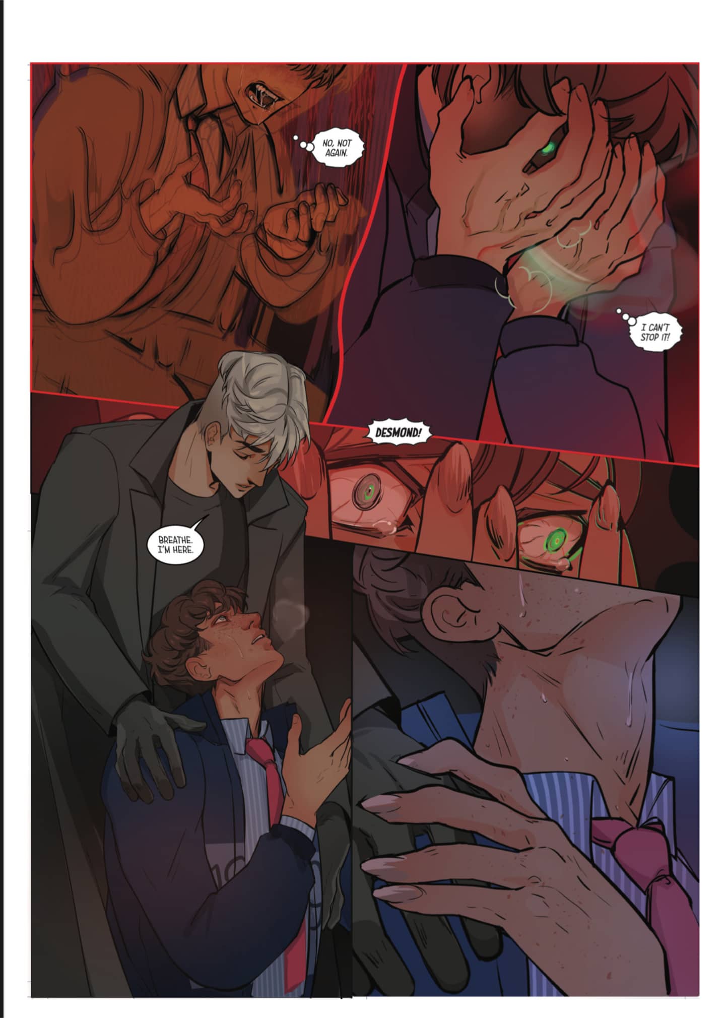 Screenshot from Judas Complex where Desmond is starting to shift into a werewolf and lose control, so Constantine reminds him to breathe and helps him
