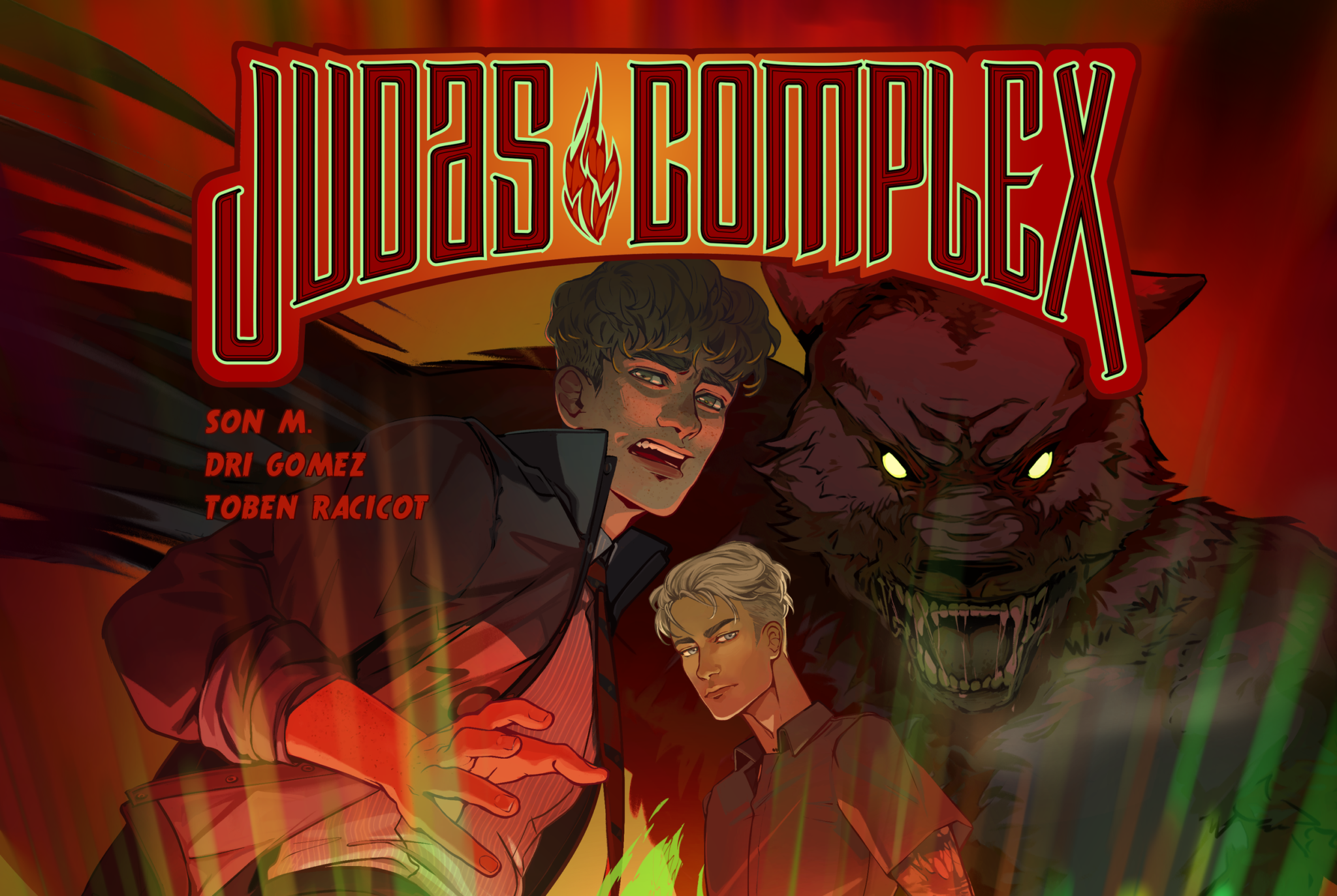 Cover of the Judas Complex graphic novel. Features the scientist, a wolf, Constantine and Desmond