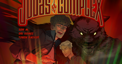 Cover of the Judas Complex graphic novel. Features the scientist, a wolf, Constantine and Desmond