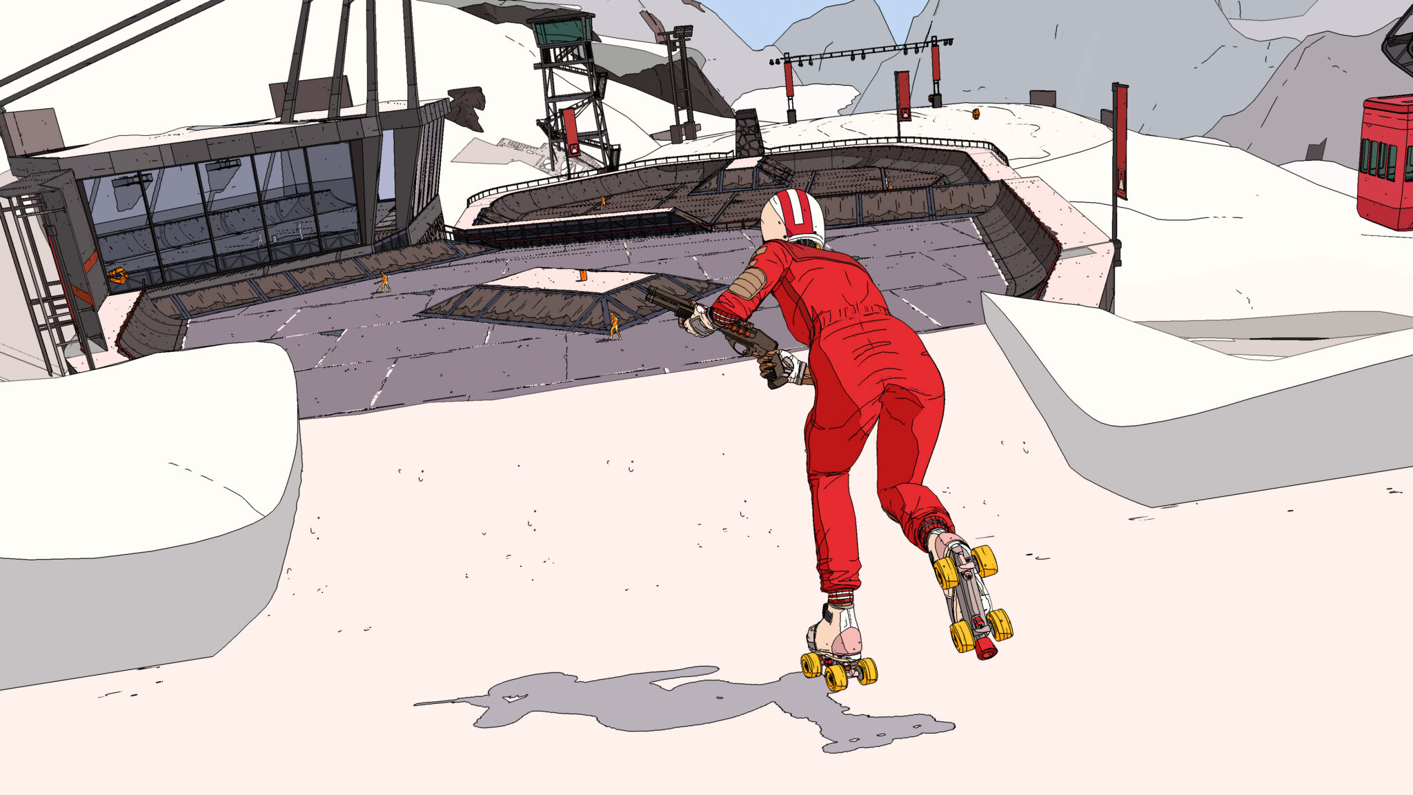 Rollerdrom screenshot of Kara skating down a ramp towards enemies with a shotgun in hand