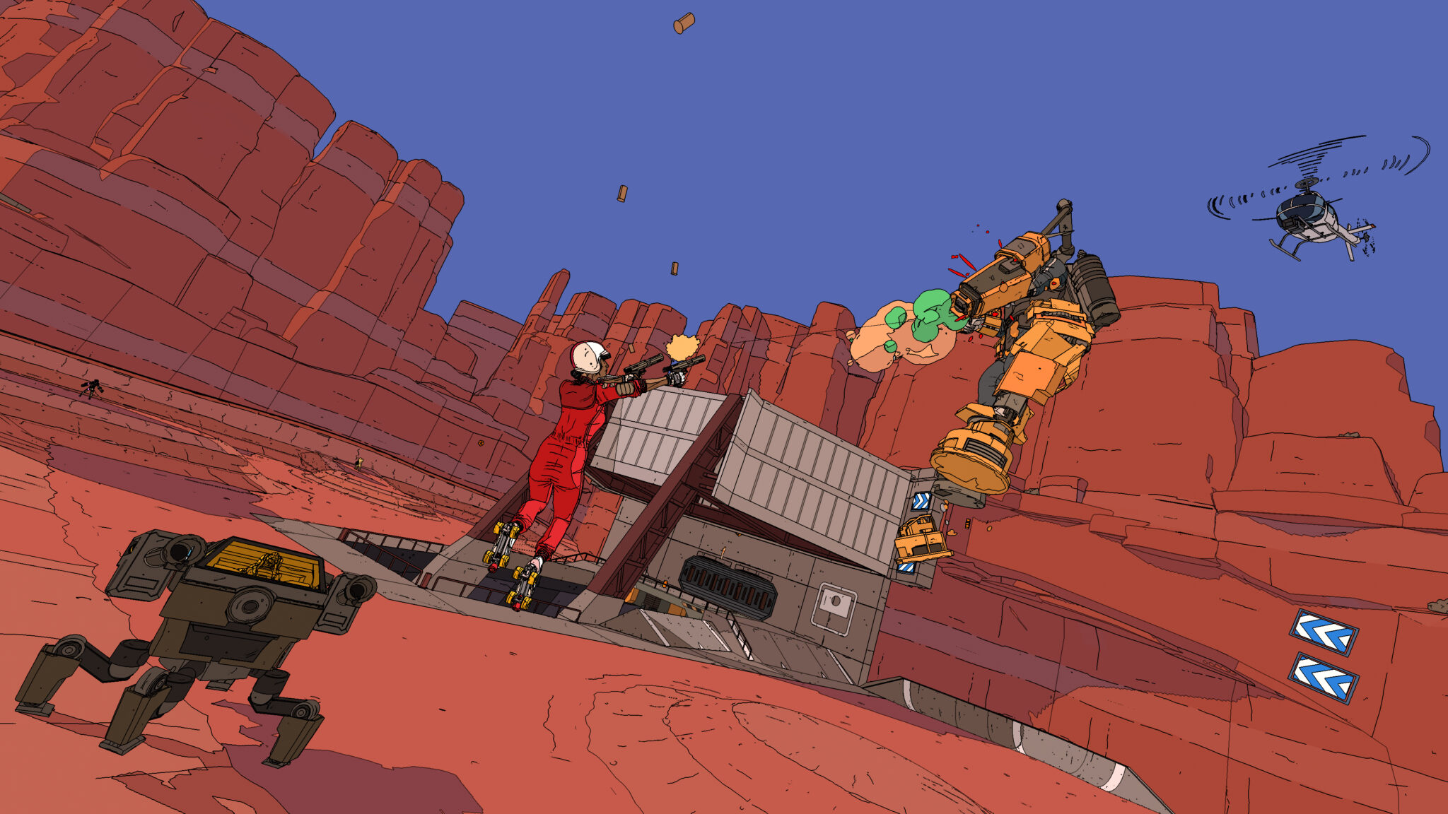 Rollerdrome screenshot of Kara jumping and shooting a mech
