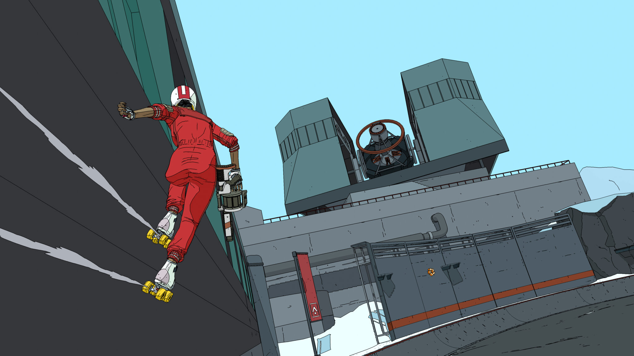 Rollerdrome screenshot of Kara wall riding while holding a grenade launcher