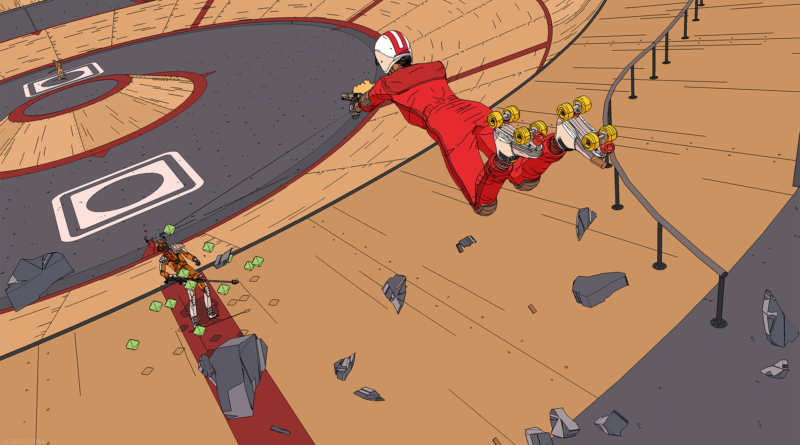 Rollerdrome screenshot of Kara jumping and shooting a sniper