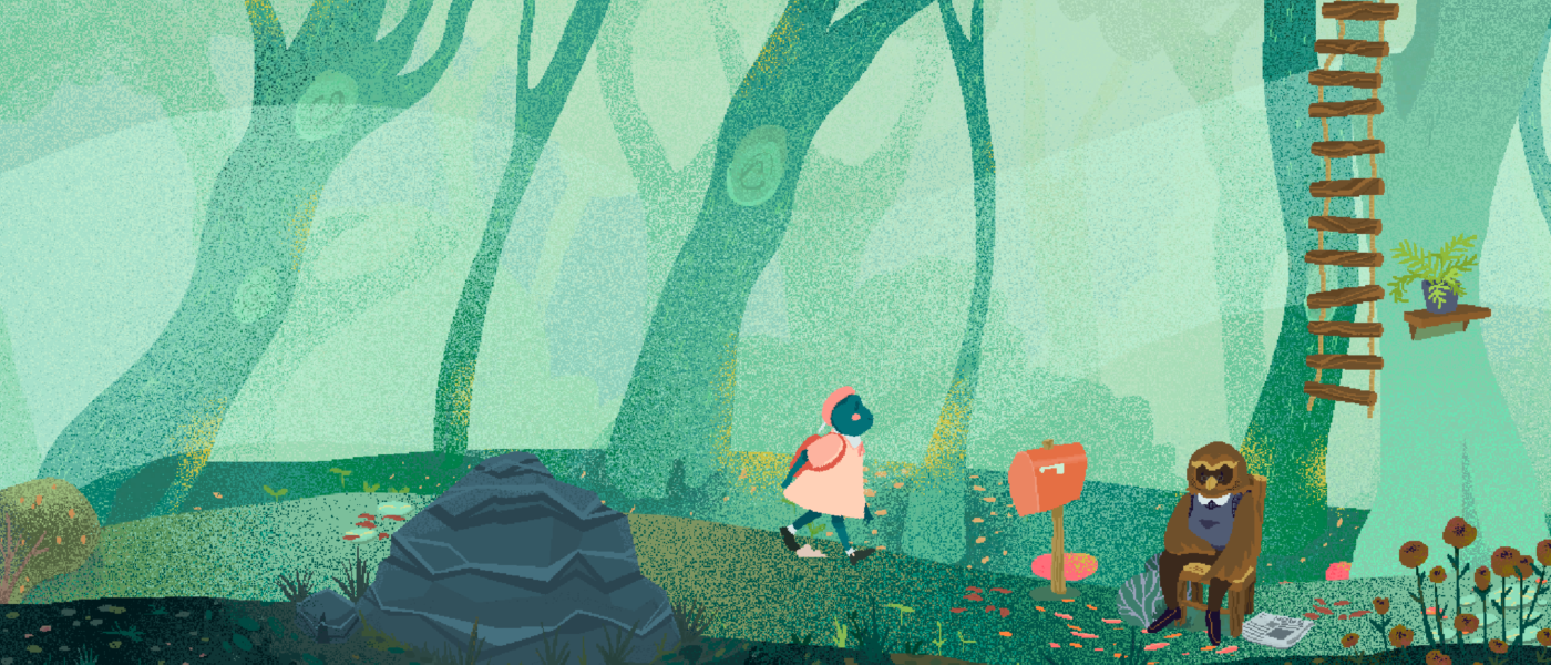 Screenshot of Teacup the frog walking through a green forest. She's wearing a pink beret and dress