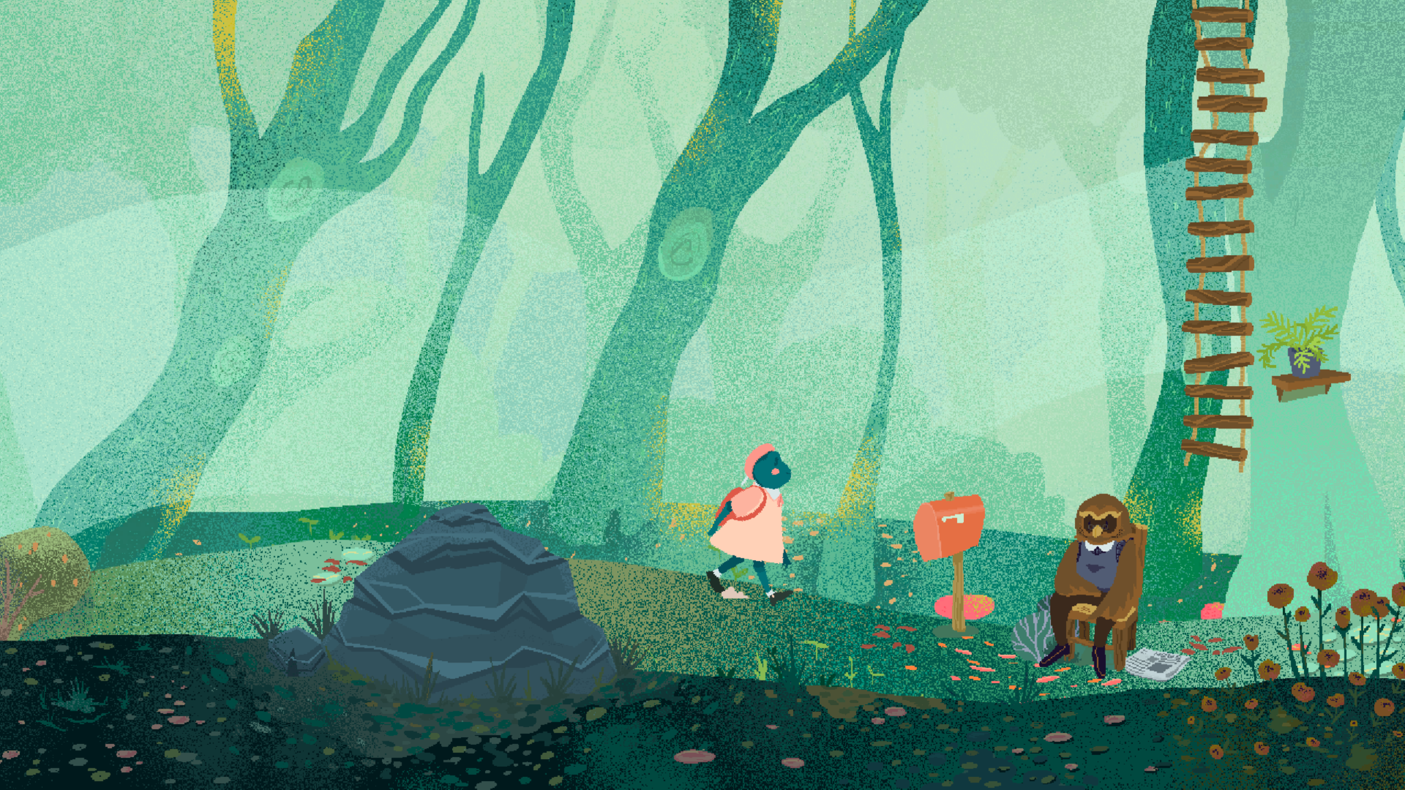 Screenshot of Teacup the frog walking through a green forest. She's wearing a pink beret and dress