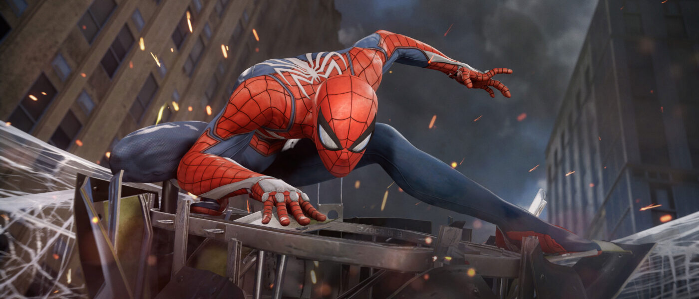 Spider-Man 2018 screenshot of Spider-Man landing on webs above NYC