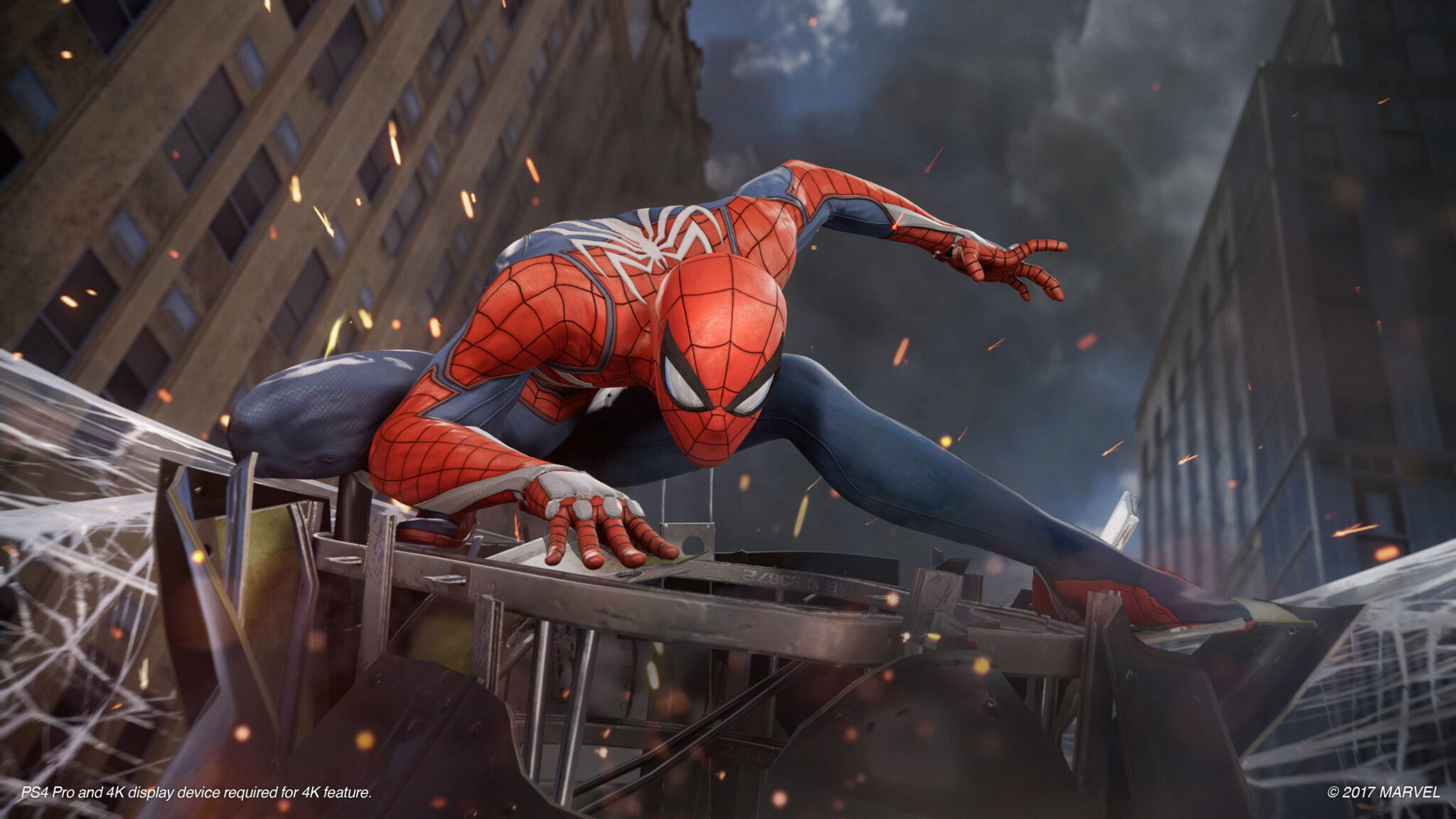Spider-Man 2018 screenshot of Spider-Man landing on webs above NYC