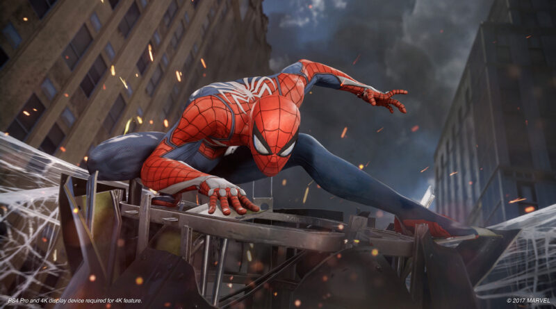 Spider-Man 2018 screenshot of Spider-Man landing on webs above NYC
