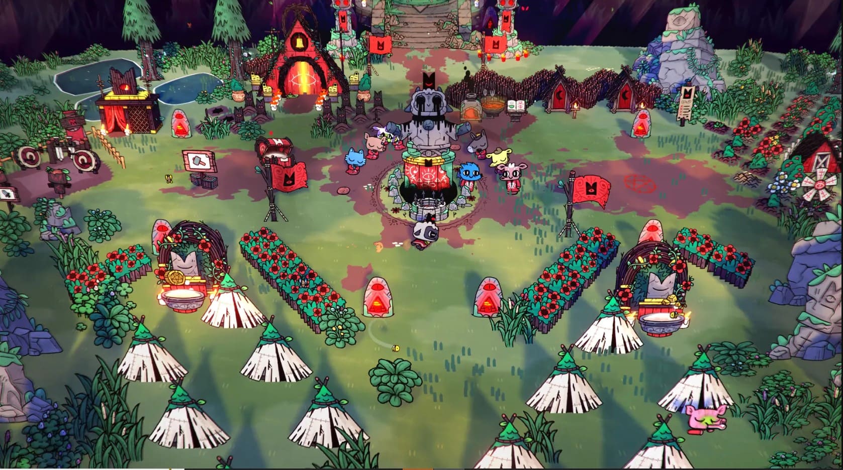 Screenshot of the cult camp in Cult of the Lamb. Followers are praying around the altar in the center.