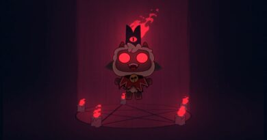 The lamb from Cult of the Lamb floating with glowing red eyes
