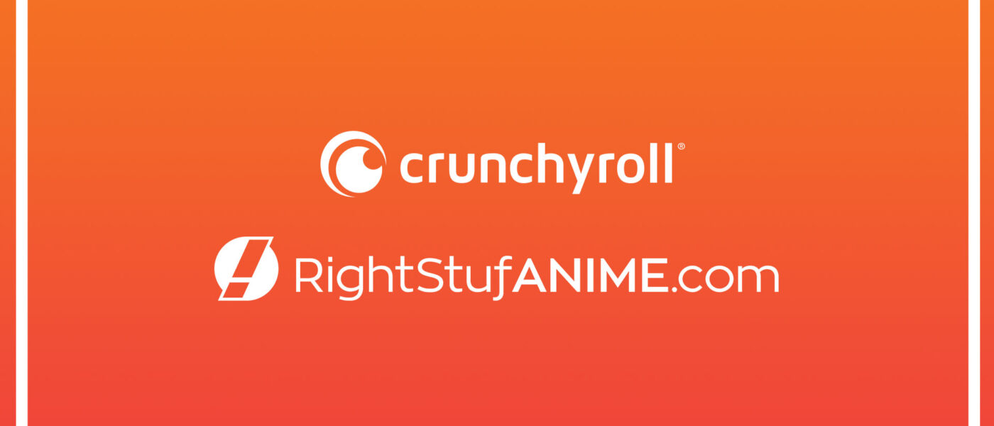 Crunchyroll and Right Stuf Anime logos on an orange background