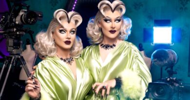 Boulet Brothers posing in drag wearing lime green silk robes in a promo for Dragula