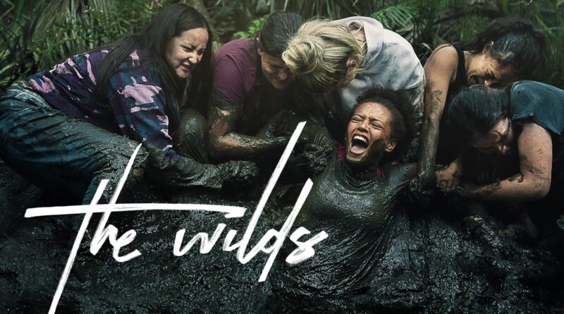 The Wilds promo art featuring one of the teen girls being pulled out of dark mud by the others