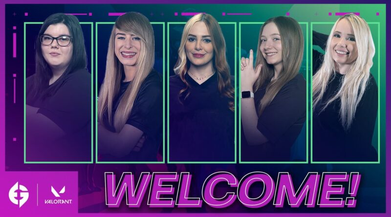 Welcome graphic featuring all five members of the Evil Geniuses women's Valorant roster