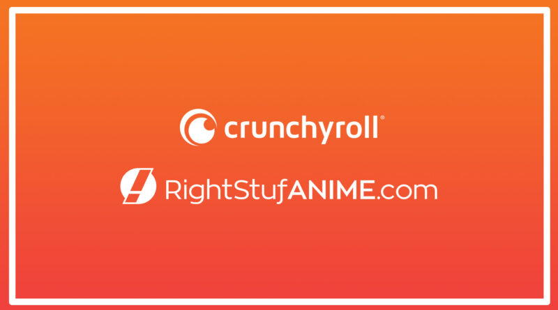 Crunchyroll and Right Stuf Anime logos on an orange background