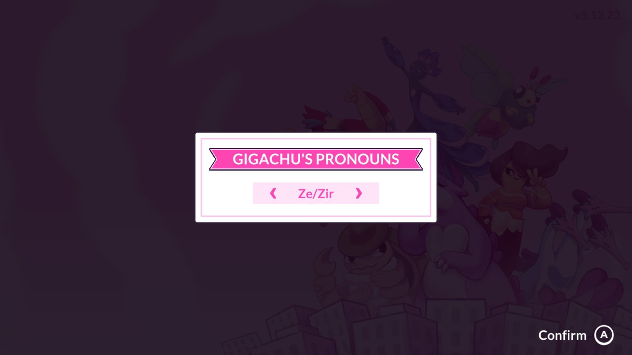 Kaichu screenshot showing an option for Gigachu to have Ze/Zir pronouns