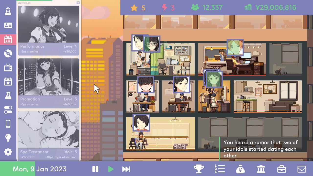 Screenshot of the Idol Manager main screen with a notification saying that you heard a rumor that two of your idols are dating each other