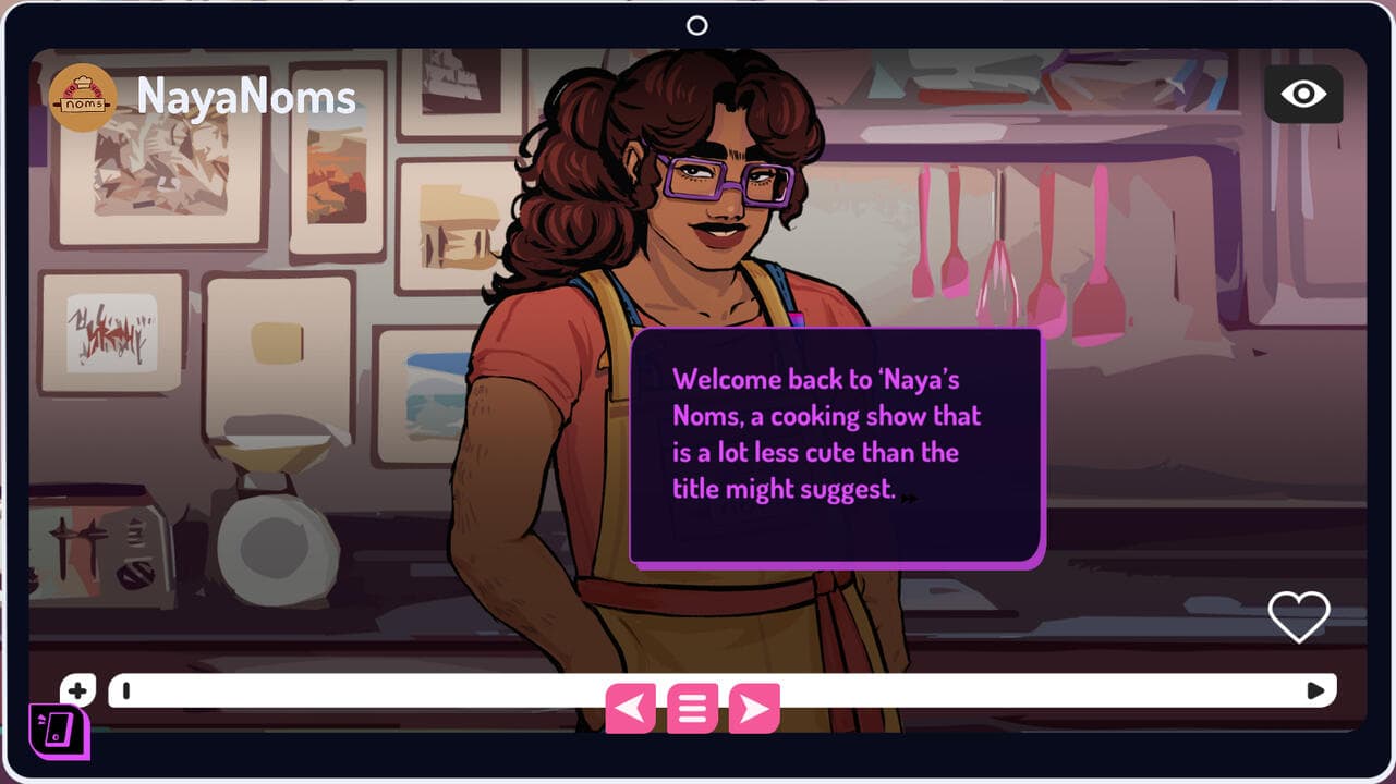 Screenshot of Inaya doing her cooking show NayaNoms and saying "Welcome back to 'Naya's Noms, a cooking show that is a lot less cute than the title might suggest."