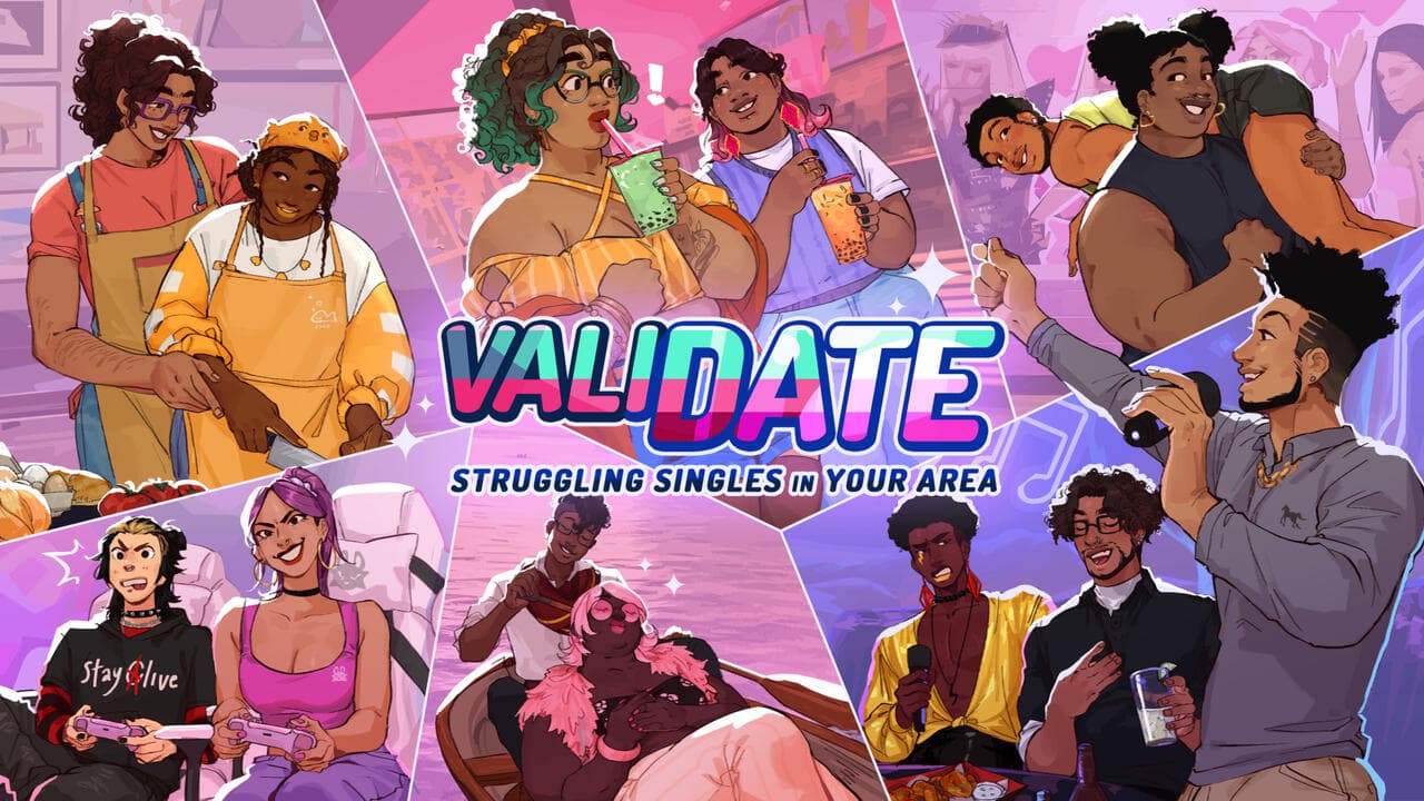 ValiDate: Struggling Singles in Your Area art featuring the whole cast and showing off all the different skin tones and body types they have.