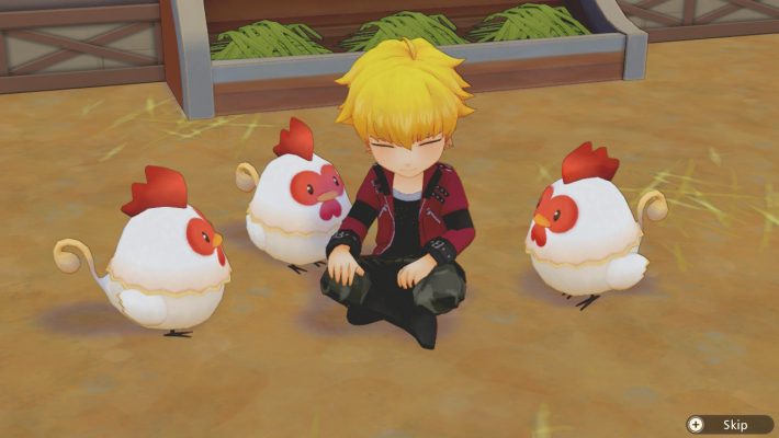 Screenshot from Story of Seasons: A Wonderful Life of a blond character sitting on the ground with some white chickens