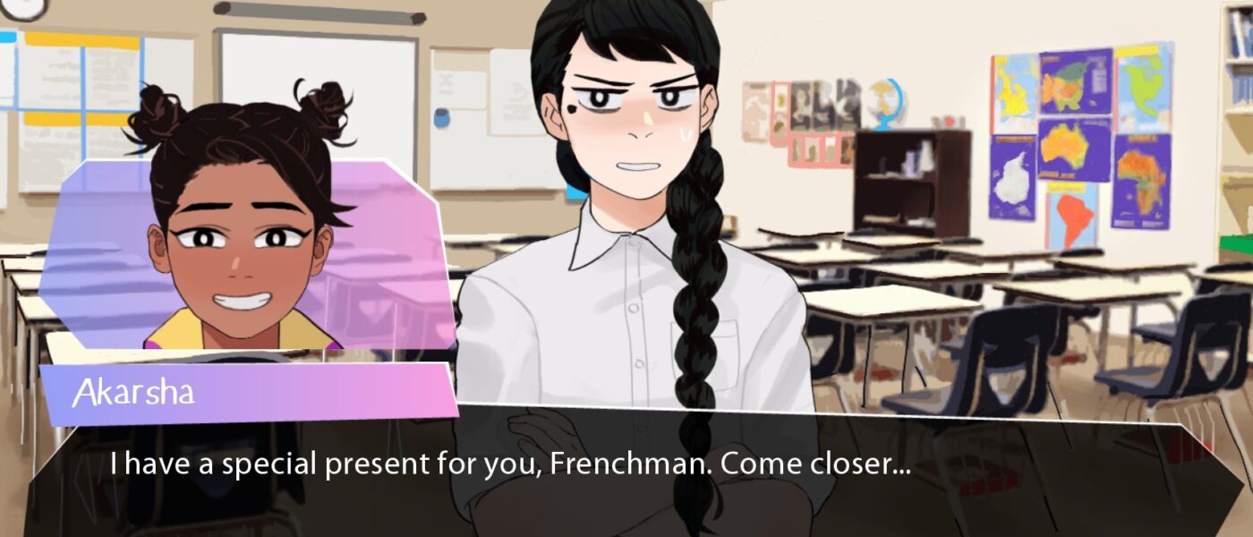A screenshot from Butterfly Soup of Akarsha telling Noelle I have a special present for your Frenchman, come closer