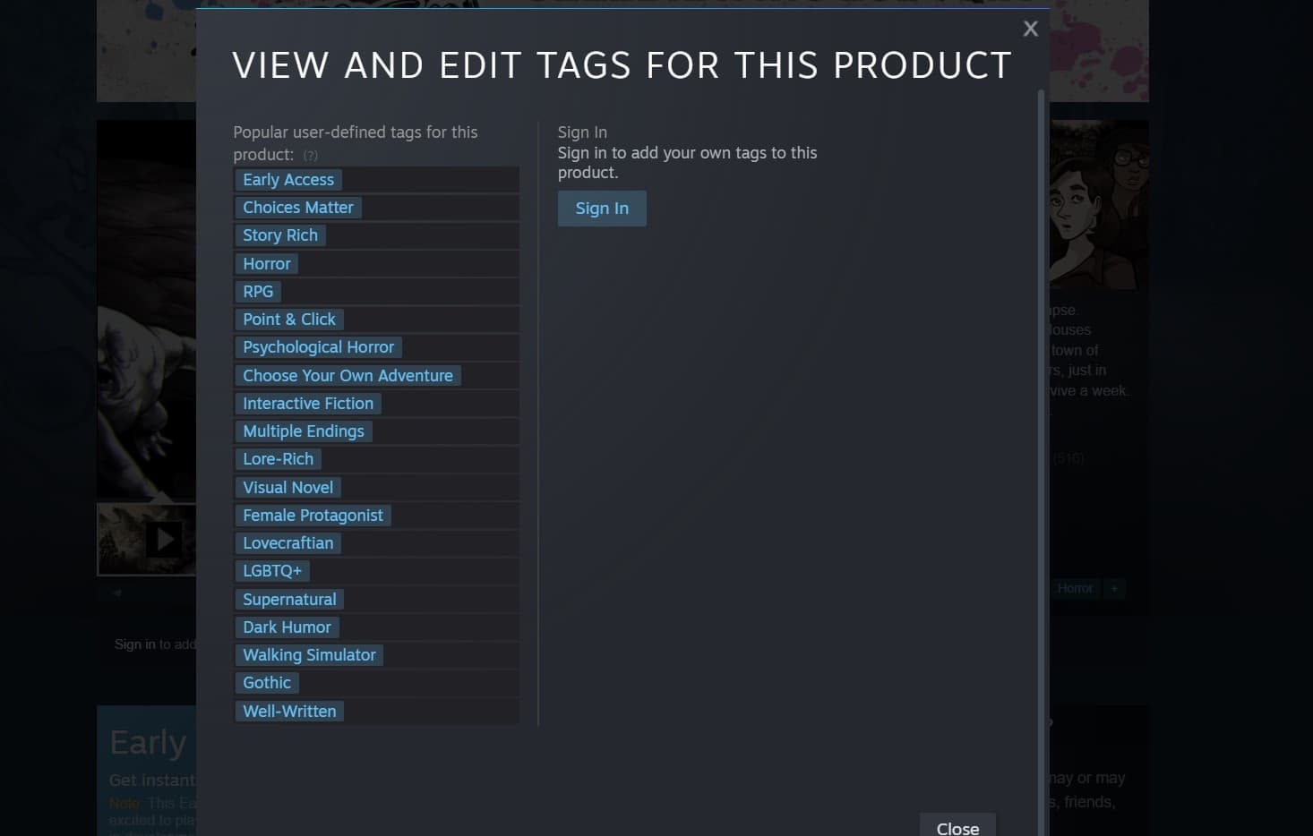 Screenshot of all of Scarlet Hollow's tags on Steam, which include Horror, Supernatural, Gothic, Psychological Horror, Lovecraftian, and several others.