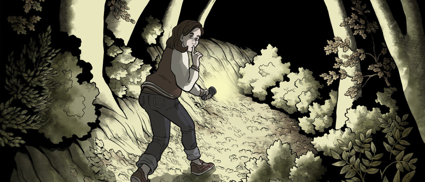 Screenshot of the main character in Scarlet Hollow walking down a dark forest path with a lantern