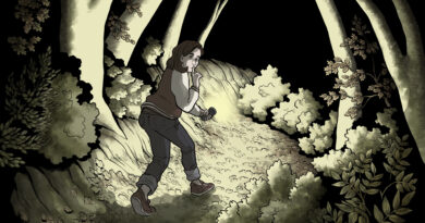 Screenshot of the main character in Scarlet Hollow walking down a dark forest path with a lantern