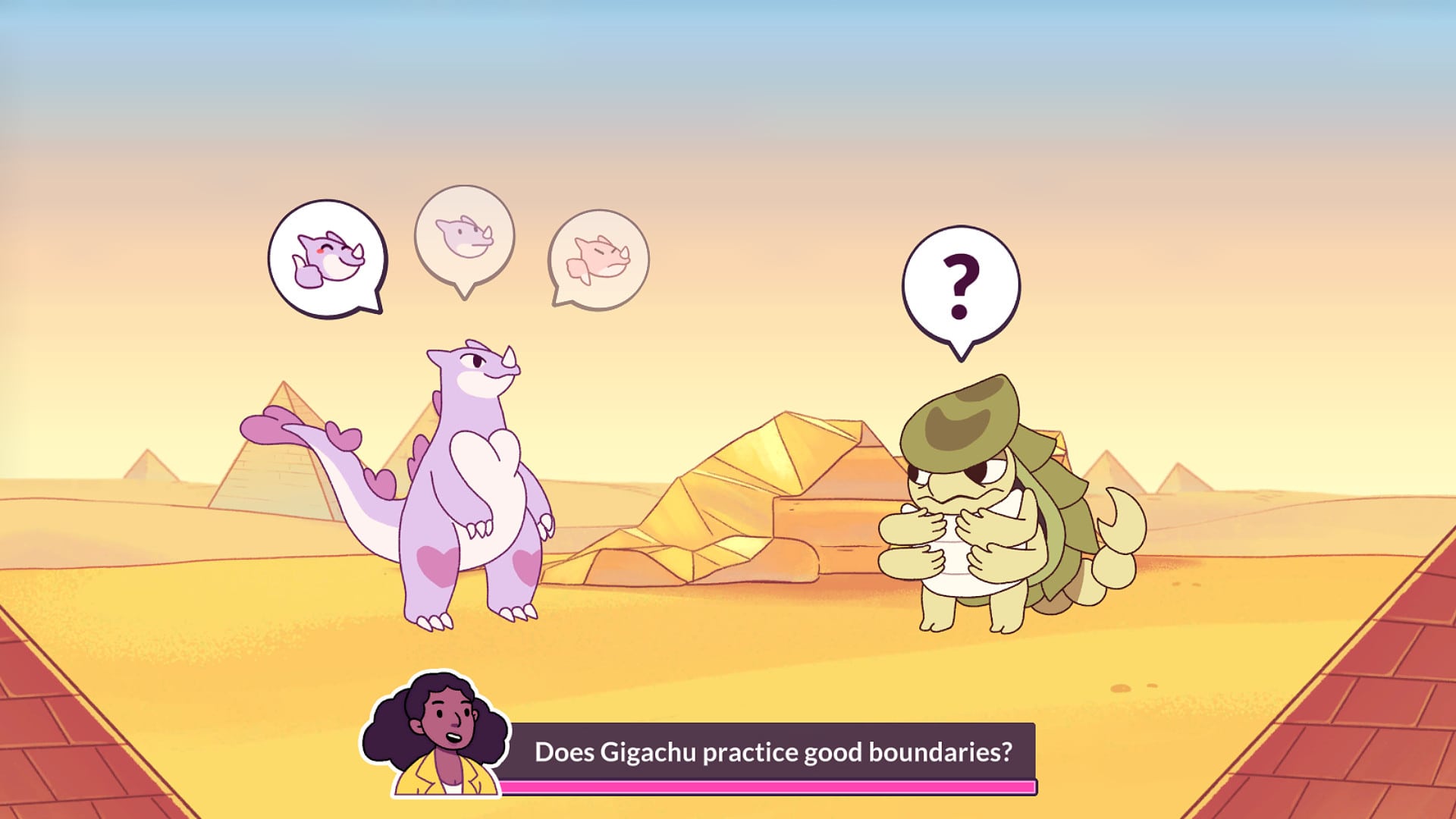 Screenshot from Kaichu of the Gigachu and an armadillo/scorpion kaiju talking about boundaries