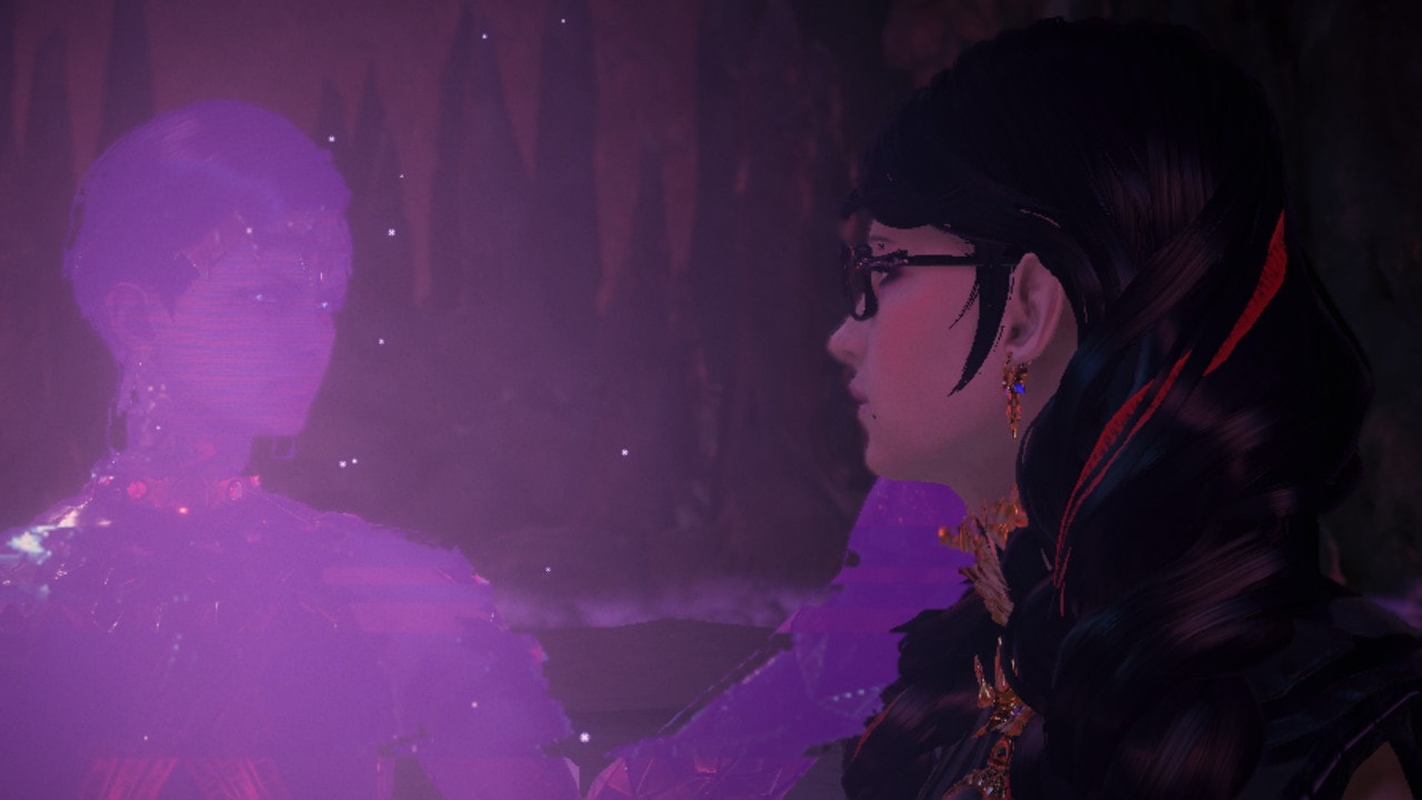 A purple hologram of Jeanne cupping Bayonetta's cheek in her hand