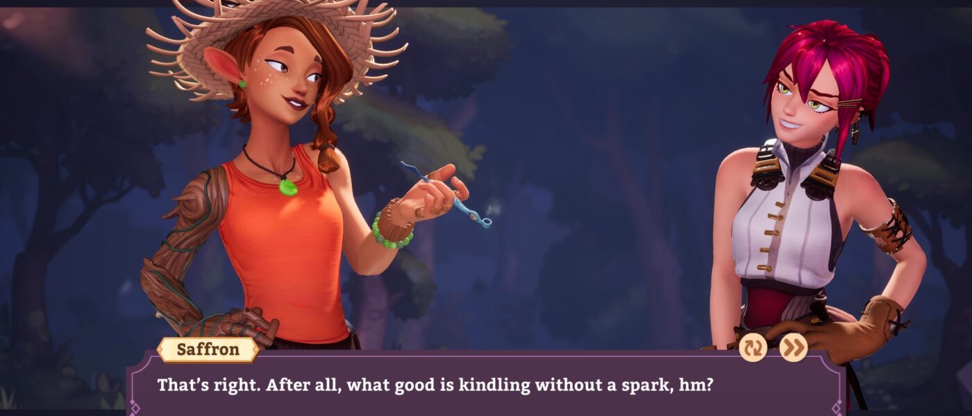 Potionomics screenshot of Saffron saying "That's right. After all, what good is kindling without a spark, hm?