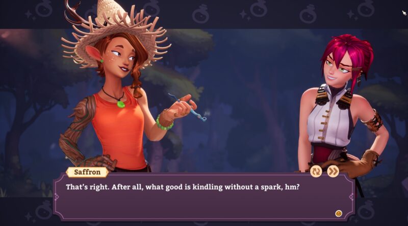 Potionomics screenshot of Saffron saying "That's right. After all, what good is kindling without a spark, hm?