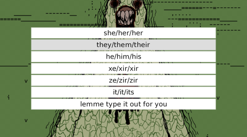 Screenshot from GENDERWRECKED the LGBTQ+ horror game of the pronoun selection screen with a monster behind it