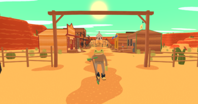 Frog Detective 3 screenshot of the detective standing in front of a dusty town while standing on a scooter