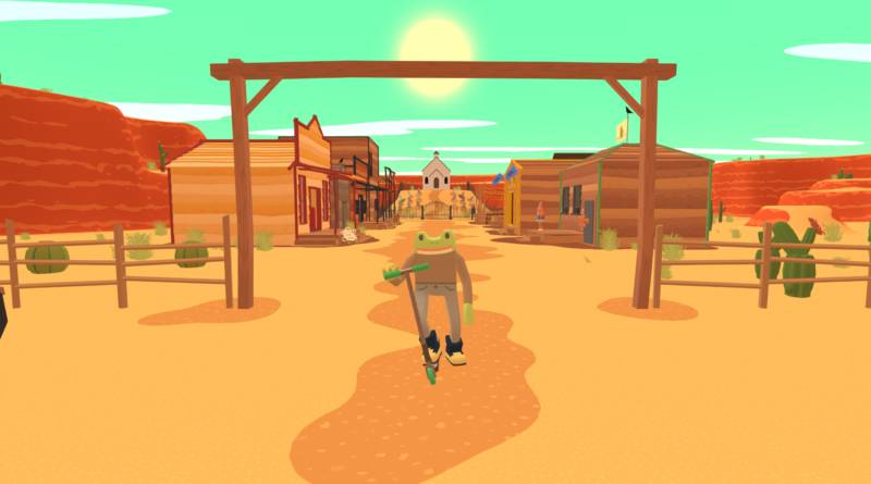 Frog Detective 3 screenshot of the detective standing in front of a dusty town while standing on a scooter