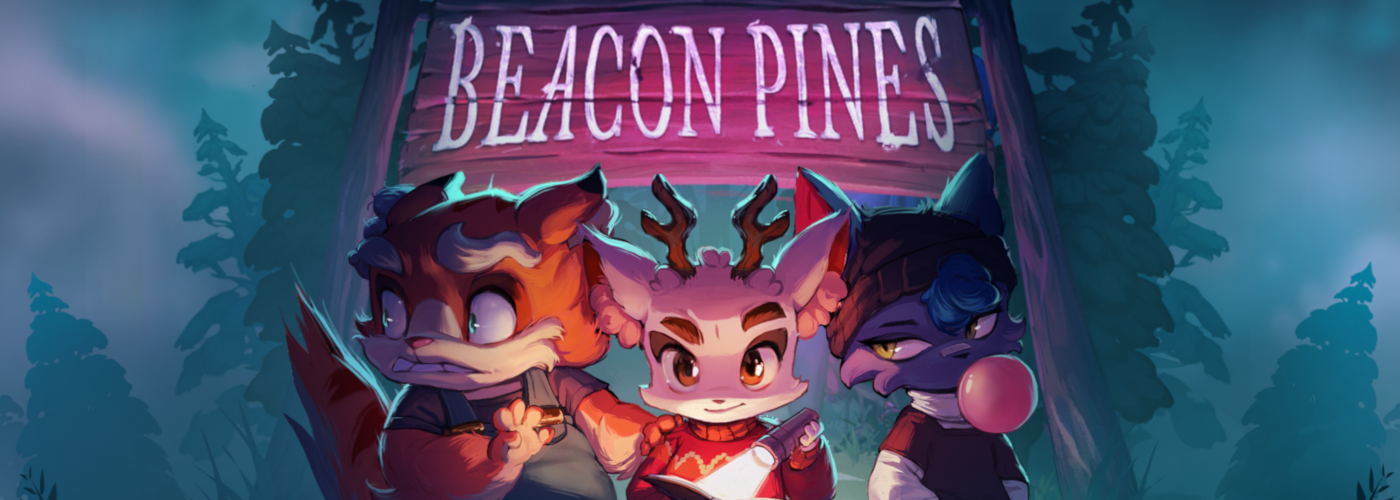 Beacon Pines cover art featuring from left to right Rollo, Luka, and Beck