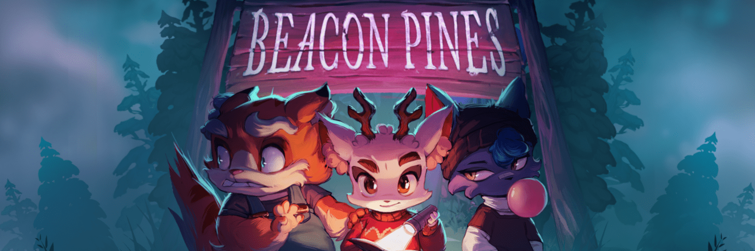 Beacon Pines cover art featuring from left to right Rollo, Luka, and Beck