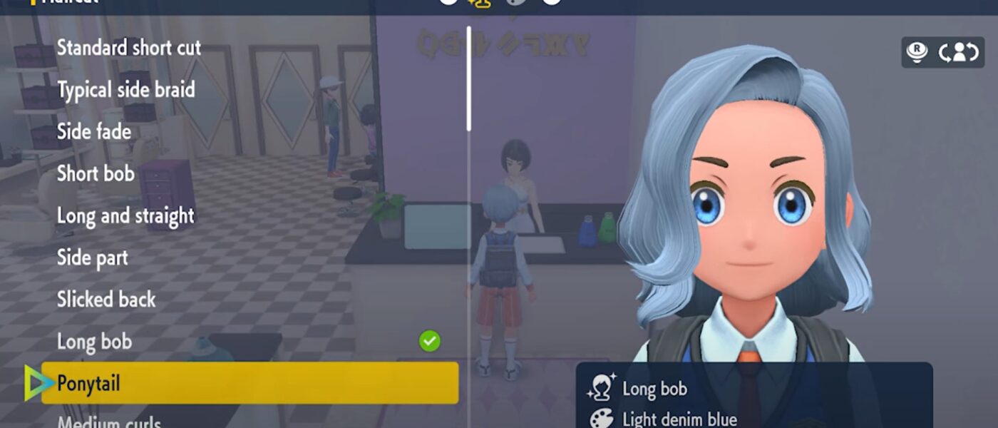 Screenshot of Pokémon Scarlet and Violet of the hair customization screen