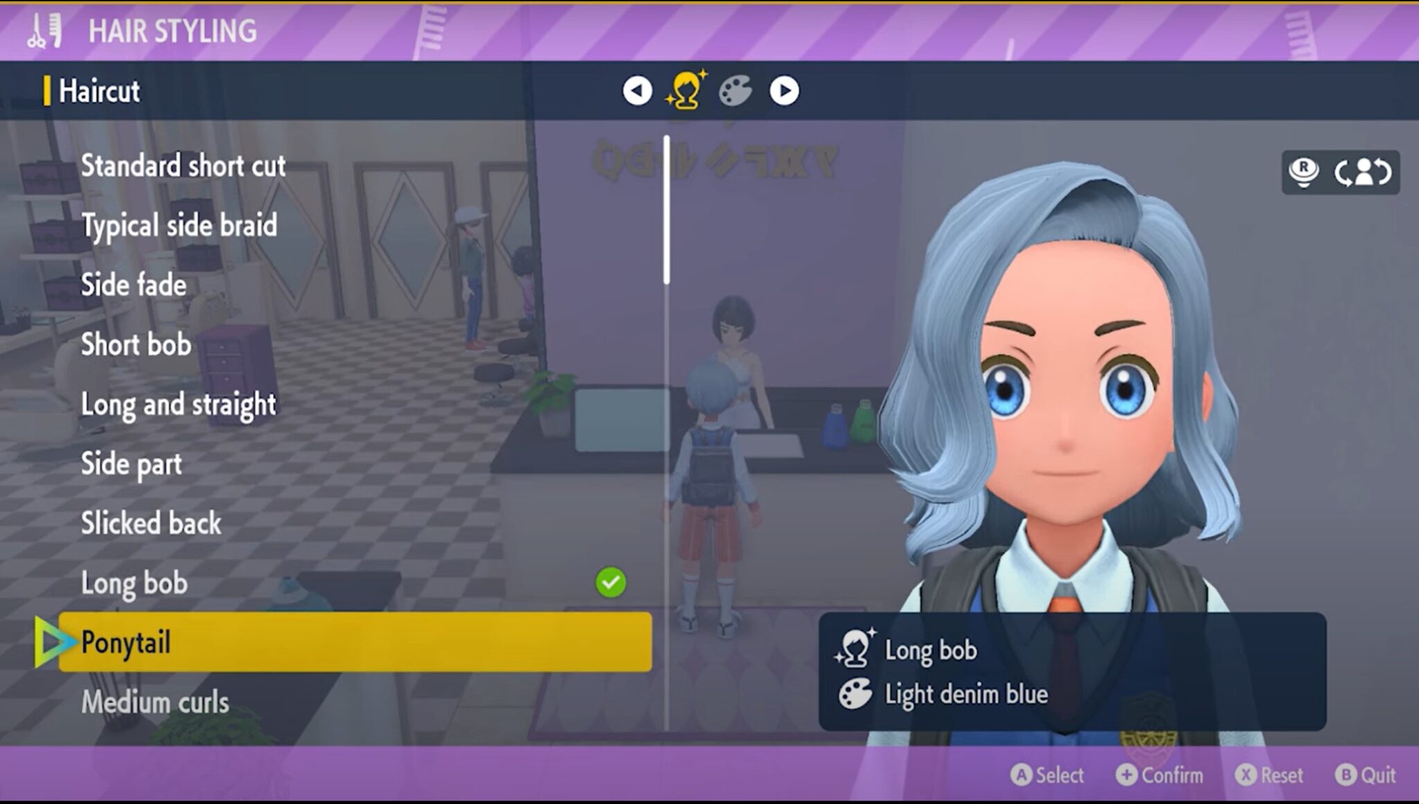 Screenshot of Pokémon Scarlet and Violet of the hair customization screen