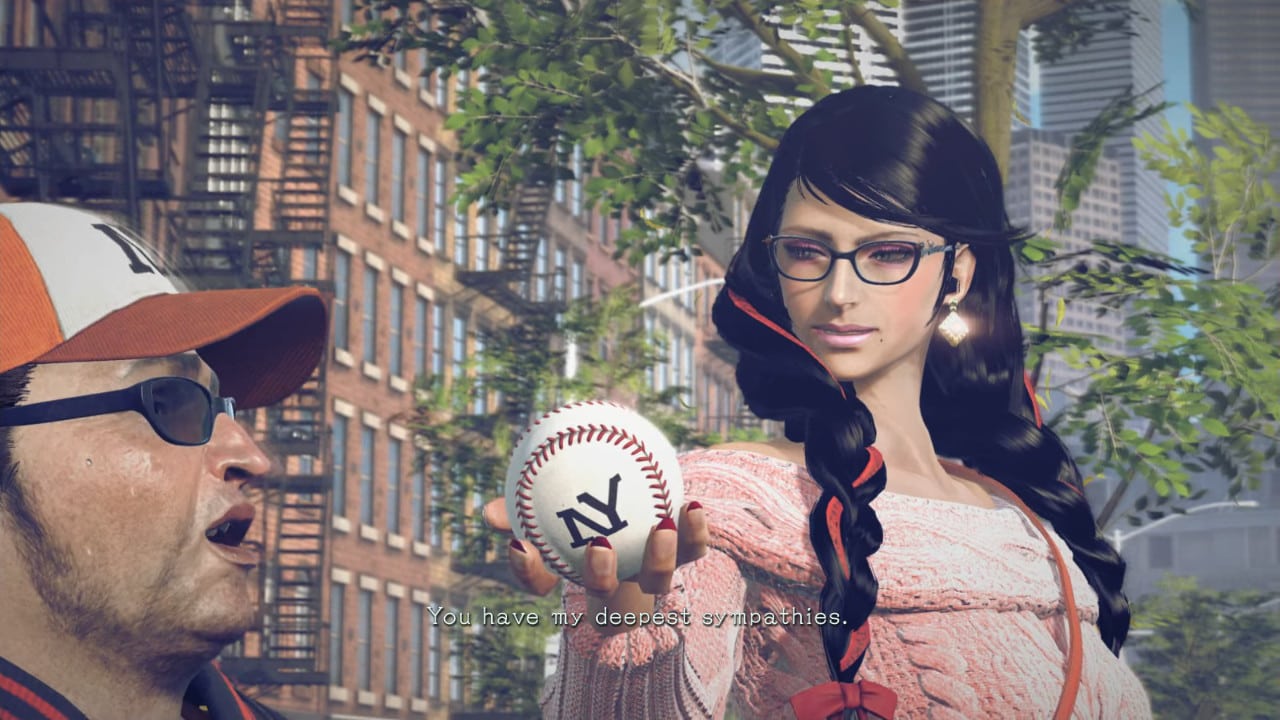 Bayonetta in a pink knit sweater holding an NY branded baseball out to Enzo