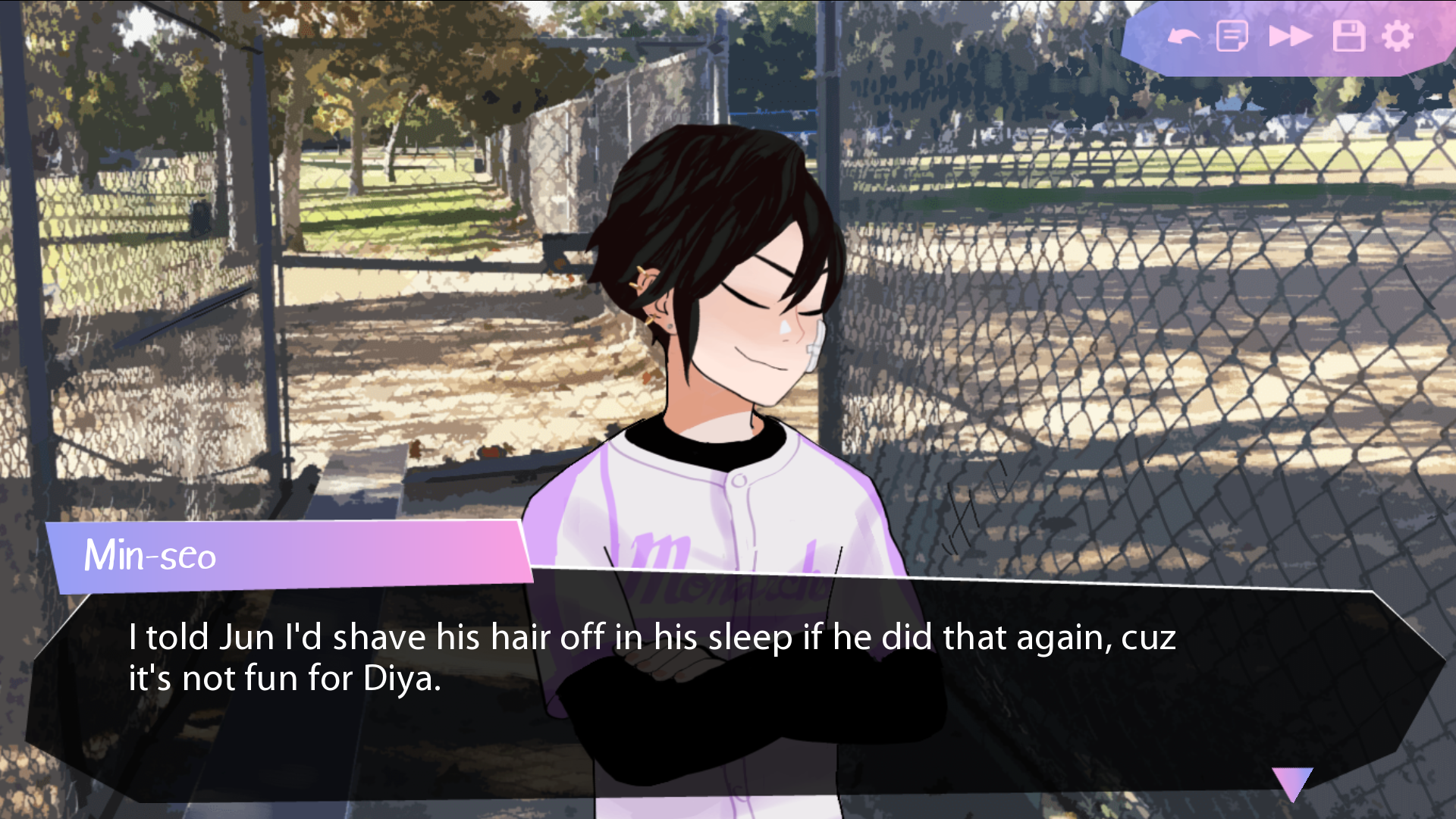 Butterfly Soup 2 screenshot of Min-seo saying "I told Jun I'd shave his hair off in his sleep if he did that again, cuz it's not fun for Diya."