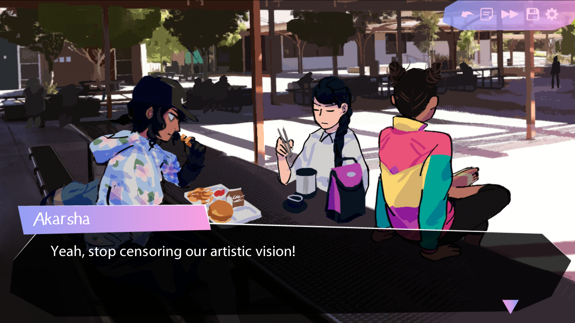 Butterfly Soup 2 screenshot of Diya, Noelle and Akarsha eating lunch together while Akarsha says "Yeah, stop censoring our artistic vision!"