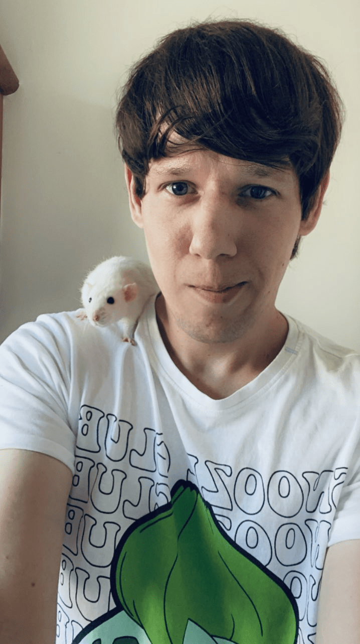 Photo of TeaAndToastie with a white rat on his shoulder