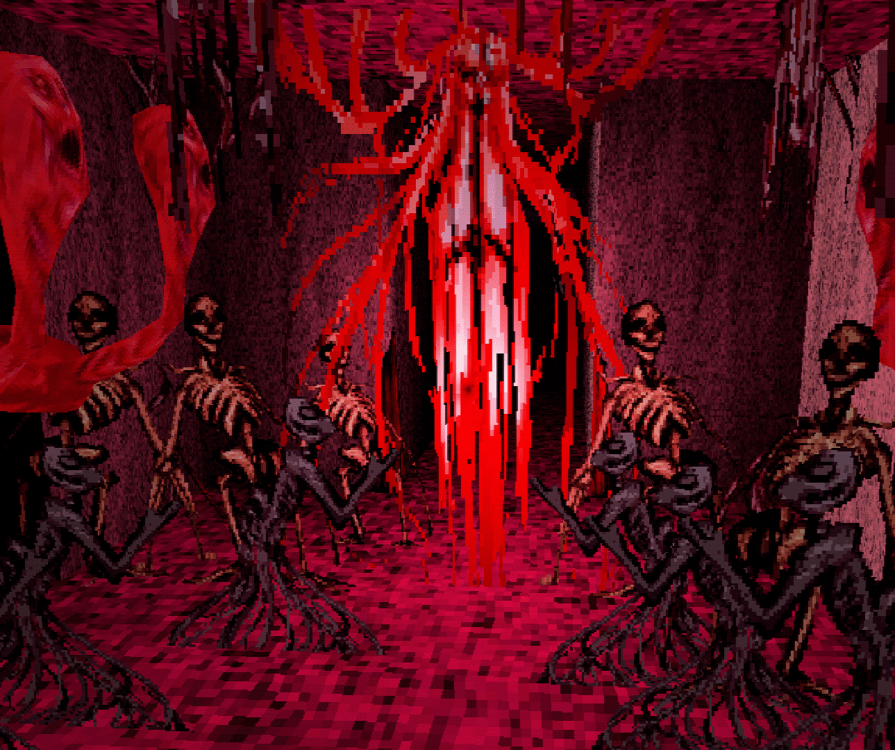 Screenshot from TSFTA of skeletal bodies growing out of a pool of blood through roots