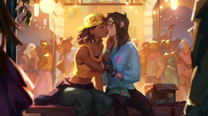Raze (left) and Killjoy (right) from Valorant sitting on a bench at a party kissing