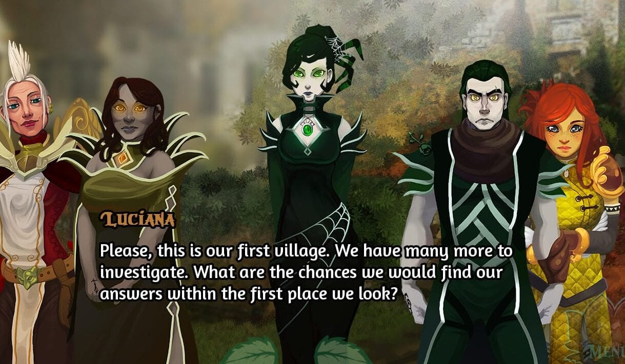 Screenshot of five characters talking about investigating a village