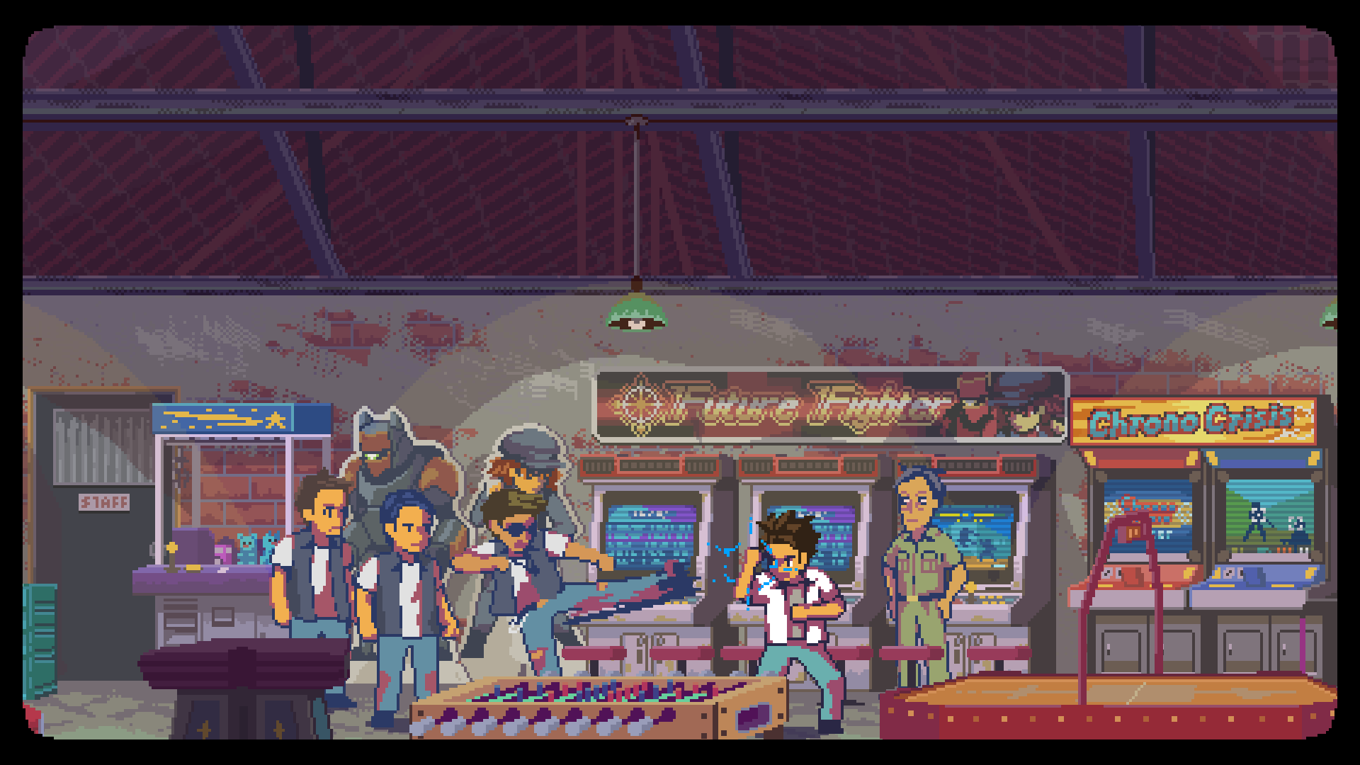 Screenshot of Atma fighting with some gang boys in an arcade